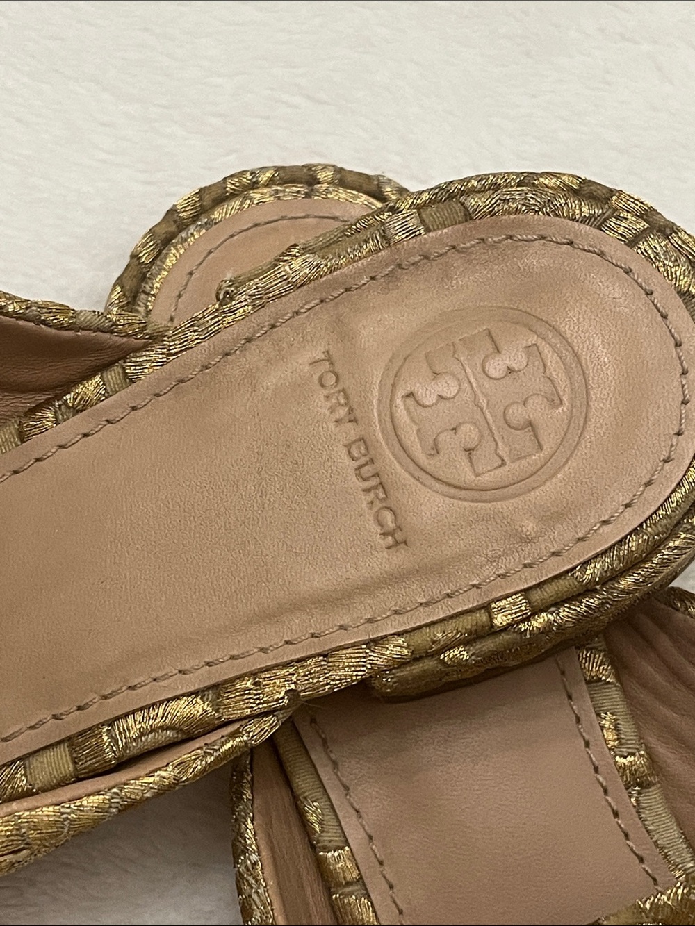 Tory Burch Metallic Gold Embroidered Slip-On Mules - Picture 2 of 11